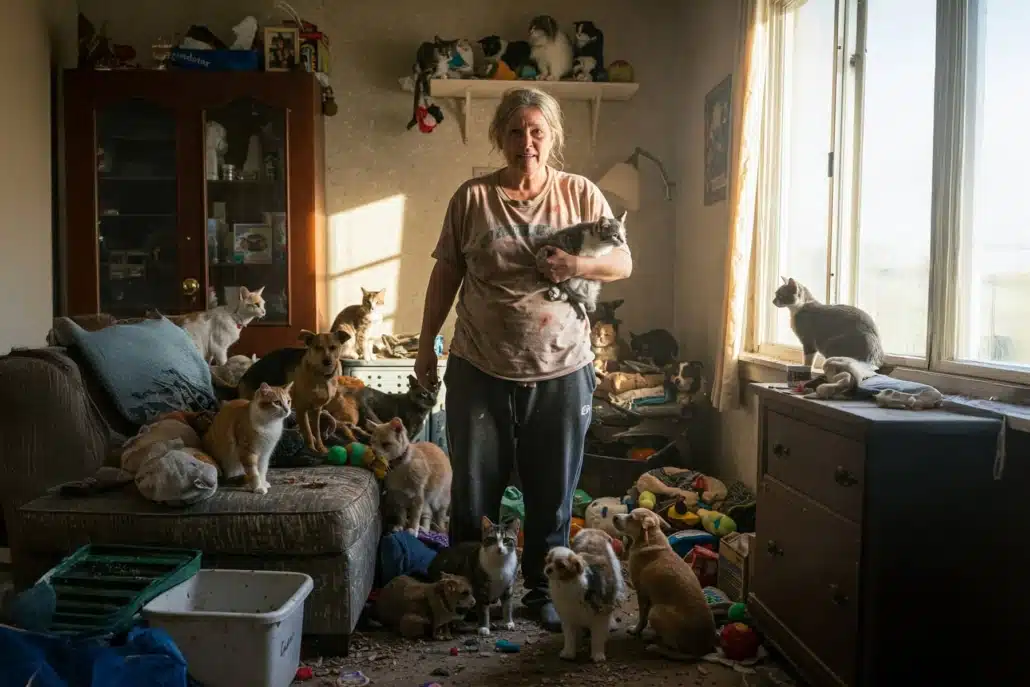 Eine Frau in ihrer Wohnung mit verwahrlosten Katzen und Hunden