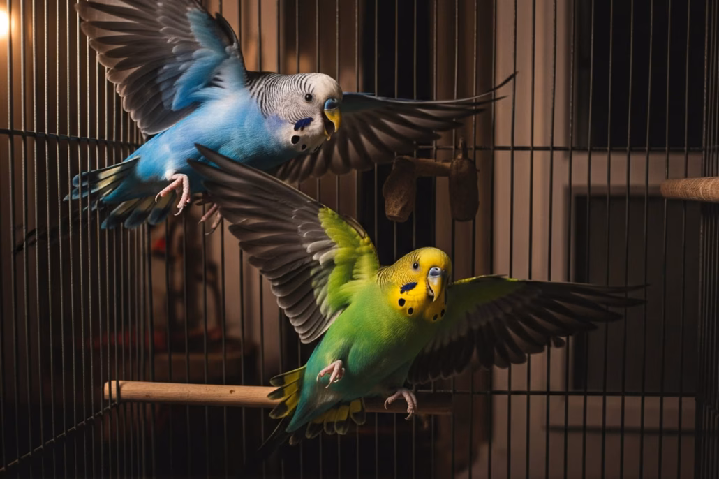 Zwei Wellensittiche, ein blauer und ein grüner, im Panikflug bei Nacht in einem Drahtkäfig.