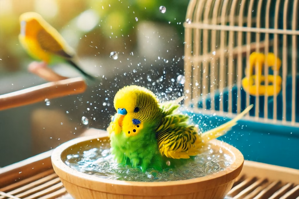 Ein grüner und gelber Wellensittich beim Baden in einer offenen, wassergefüllten Badschale, umgeben von einem hellen, gemütlichen Innenraum.