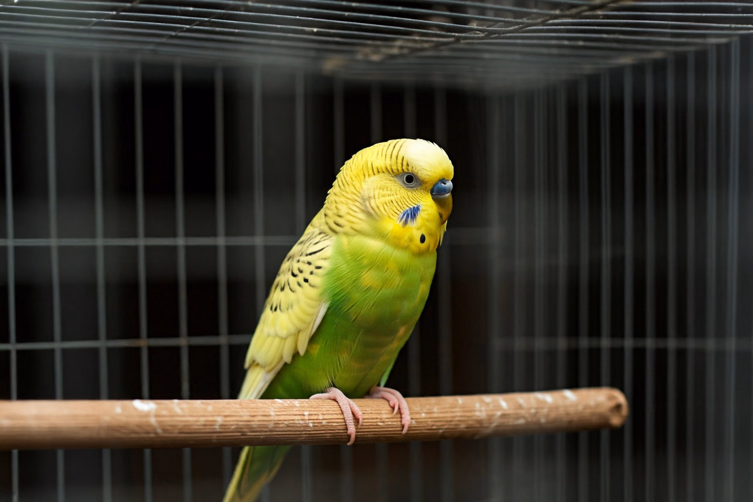 Ein einsamer grün gelber Wellensittich sitzt alleine im Käfig auf einer Stange.