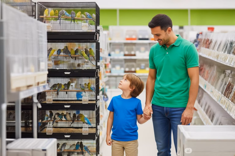 Wellensittich kaufen – Bezugsquellen, Tipps und wichtige Hinweise 22 Familie betrachtet Wellensittiche im Zoofachhandel vor dem Kauf