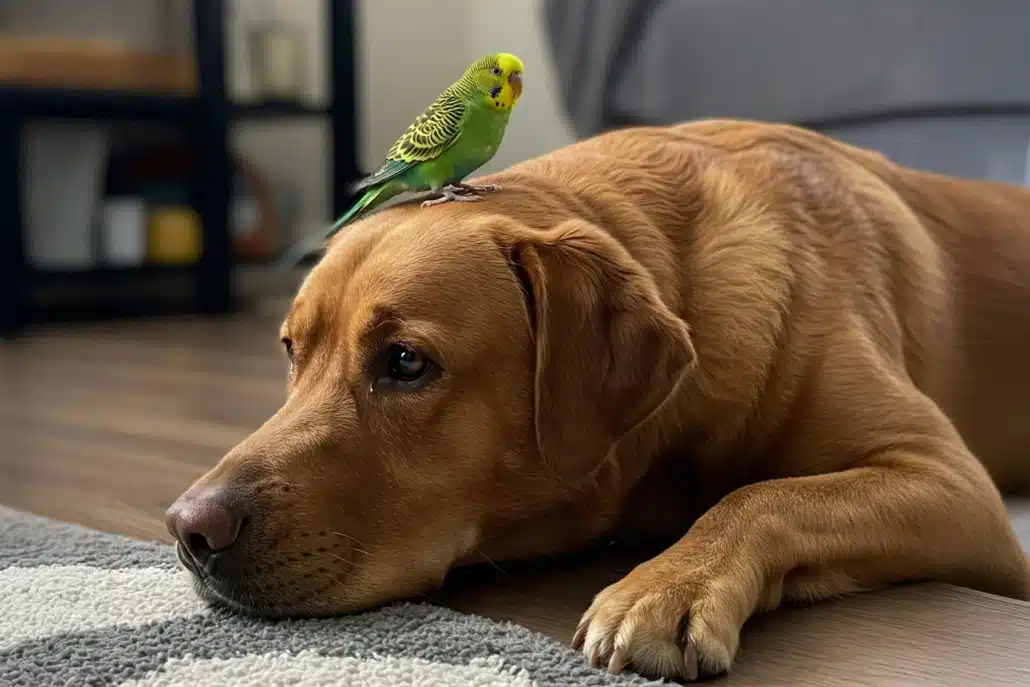 Ein grüner Wellensittich sitzt auf dem Kopf eines Hundes.