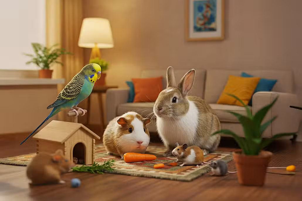 Wellensittich mit Meerschweinchen, Kaninchen und Hamster.