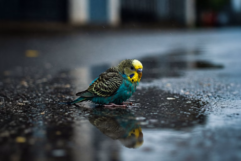 Wellensittich gefunden oder zugeflogen – Soforthilfe & Tipps 21 Ein Wellensittich sitzt auf der Straße bei Regen in einer Pfütze.