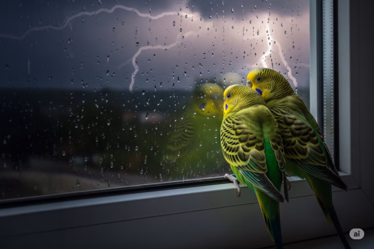 Zwei Wellensittiche sitzen auf einer Fensterbank und blicken nach draußen auf ein Gewitter mit Blitz und Regen, der auf die Scheibe fällt.