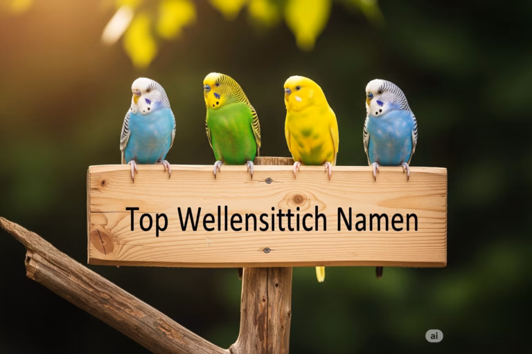 Namensideen für Wellensittiche 20 Vier farbenfrohe Wellensittiche sitzen auf einem Holzschild mit der Aufschrift „Top Wellensittich Namen“