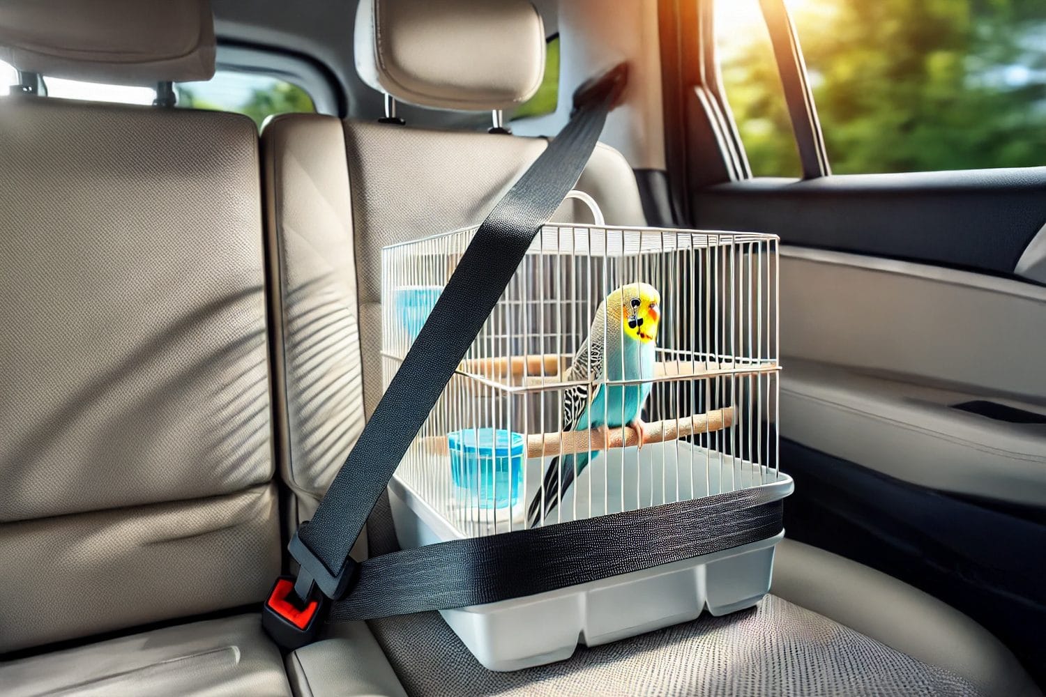 Ein Wellensittich sitzt in einem Transportkäfig, der mit einem Sicherheitsgurt auf dem Rücksitz eines Autos befestigt ist.