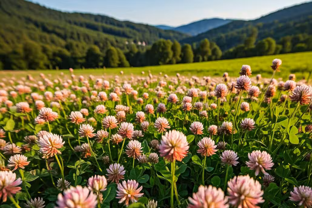 Landschaft mit Wiesenklee im Vordergrund