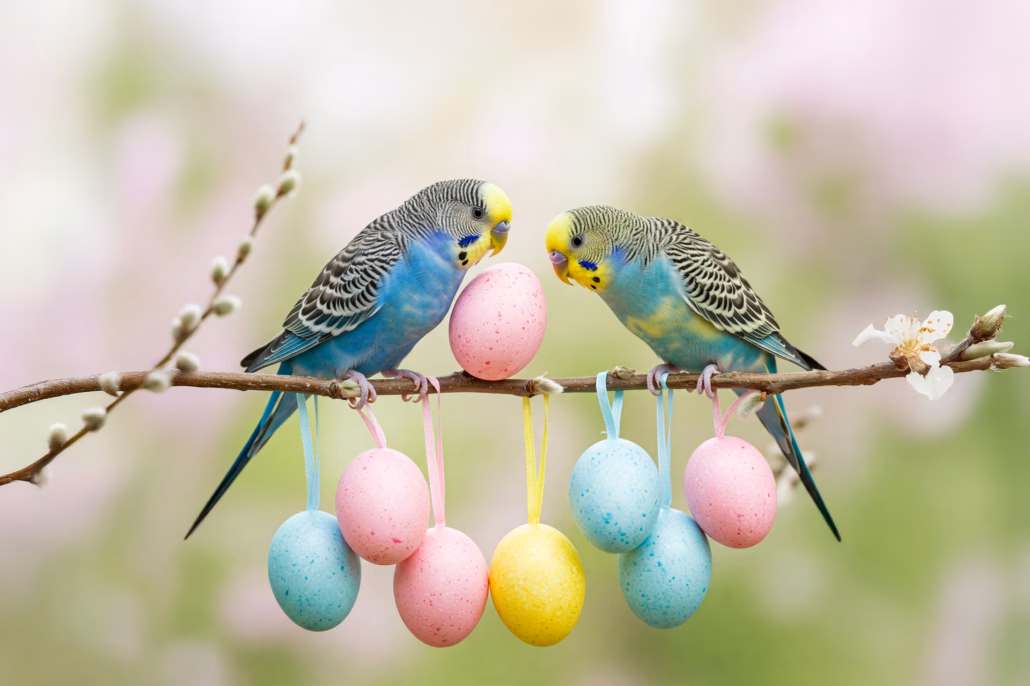 Zwei Wellensittiche sitzen zu Ostern auf einen Zweig mit bunten Ostereiern.