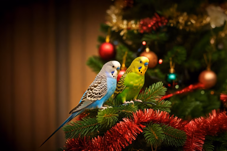 Weihnachten mit Wellensittichen: So wird's ein fröhliches Fest 26 Zu Weihnachten sitzen zwei Wellensittiche am geschmückten Weihnachtsbaum mit Lichterkette.