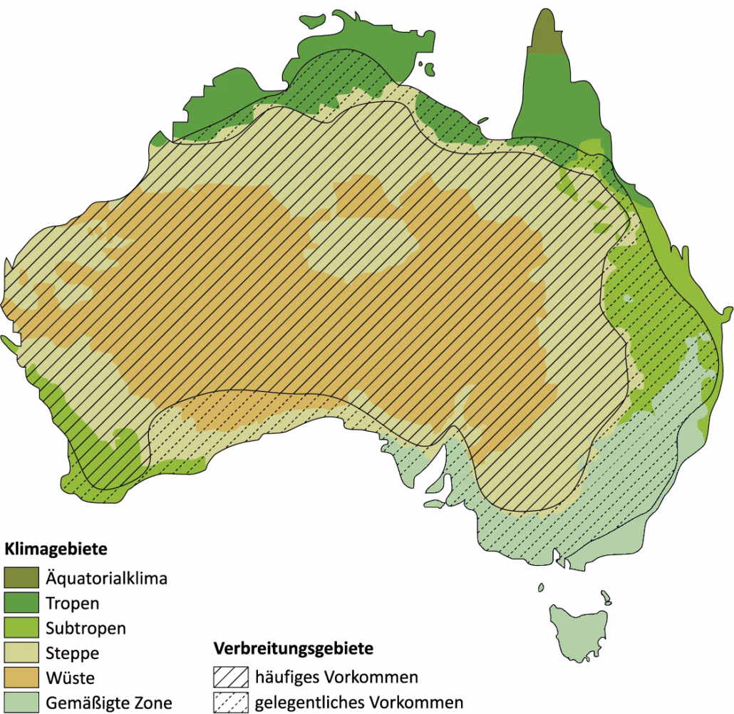 Australien: Extreme Landschaften & Heimat der Wellensittiche 19 Karte von Australien mit markiertem Verbreitungsgebiet der Wellensittiche