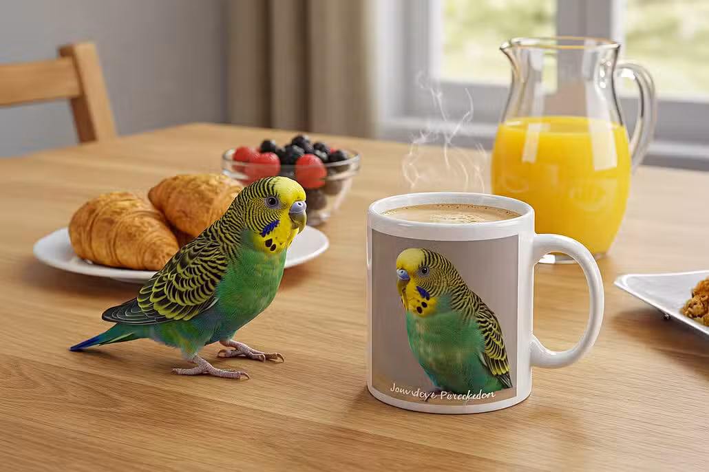 Personalisierte Tasse mit Wellensittichfoto am Valentinstag.