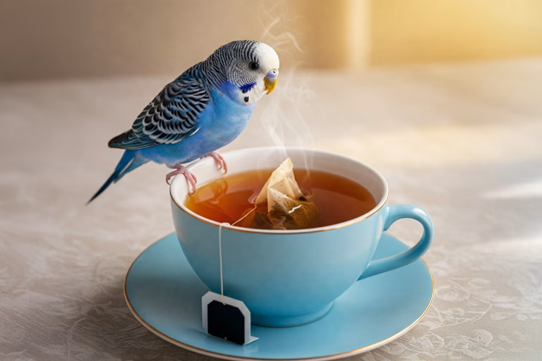 Tee für Wellensittiche: Welche Sorten gesund sind und wie du sie richtig zubereitest 24 Ein blauer Wellensittich sitzt auf dem Rand einer Teetasse, die mit Tee und Teebeutel gefüllt ist.