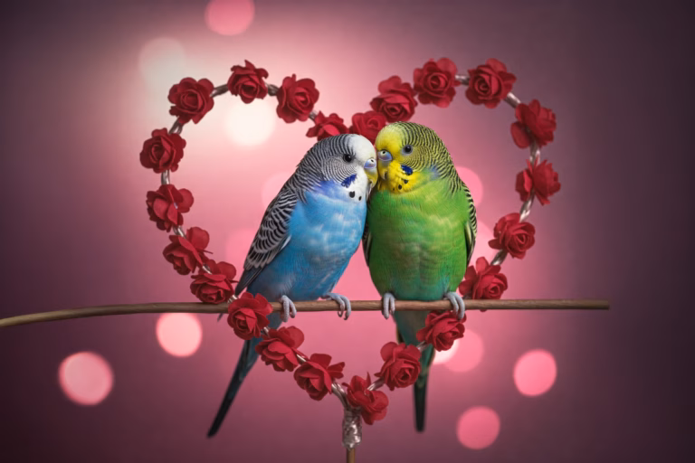 Wellensittiche & Valentinstag: Die schönsten Geschenkideen für Vögel und Halter 23 Zwei Wellensittiche sitzen zu Valentinstag in einem Herz aus Rosen.