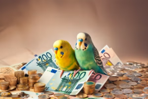 Zwei Wellensittiche vor Euro-Scheinen und Münzen – Symbolbild für Haltungskosten