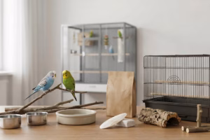 Grundausstattung für Wellensittiche mit Voliere, Näpfen und Naturast