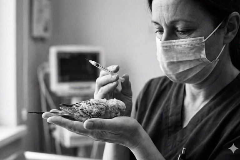 Euthanasie – schmerzlose Tötung eines Wellensittichs 21 Vogelkundige Tierärztin hält einen Wellensittich behutsam in der Hand und bereitet eine Injektion vor (Symbolbild zur Euthanasie).