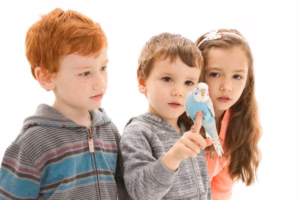 Welttierschutztag 2017: Tierschutz beginnt im Kinderzimmer 21 Kinder mit blauen Wellensittich