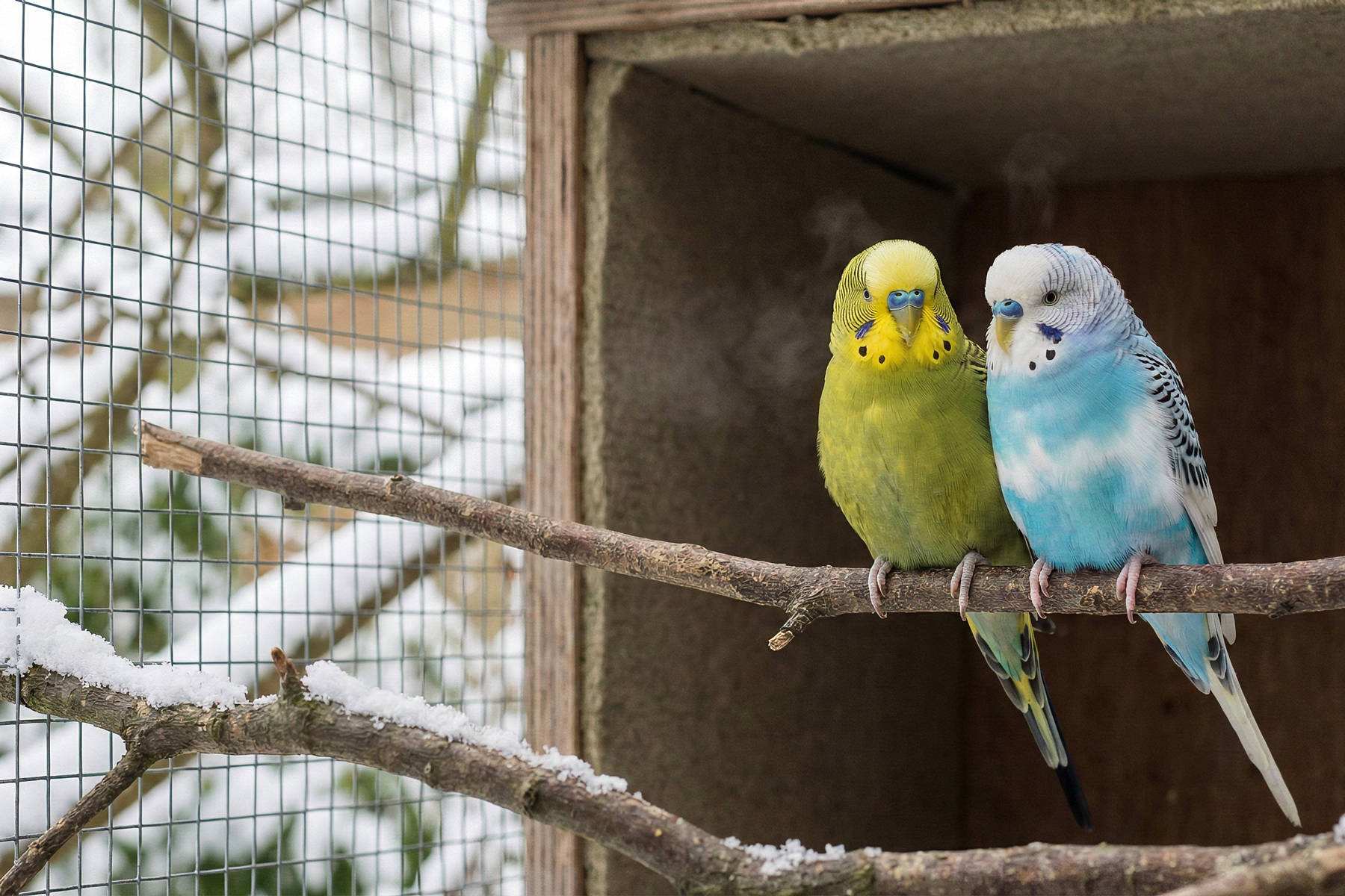 Welche Temperaturen halten Wellensittiche aus? 19 Zwei Wellensittiche in der winterlichen Außenvoliere am Schutzhaus bei niedriger Temperatur