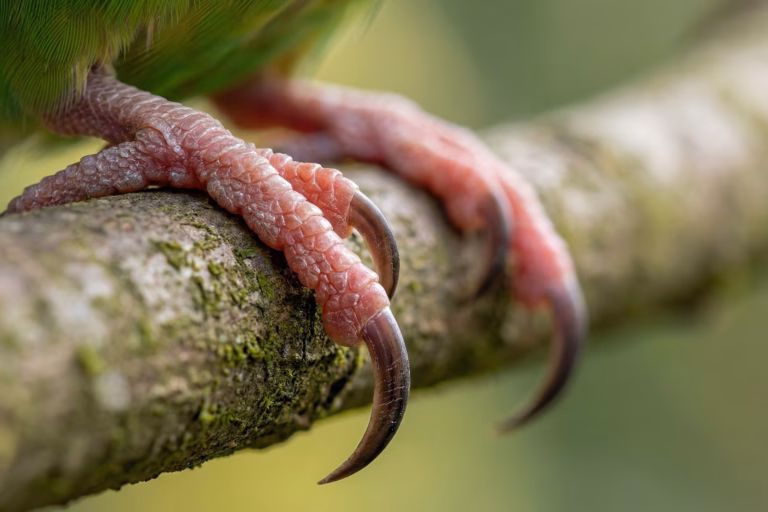 Krallen schneiden beim Wellensittich: Anleitung und Tipps 25 Makroaufnahme eines Wellensittich-Fußes mit zu langen Krallen am Ast vor dem Krallen schneiden