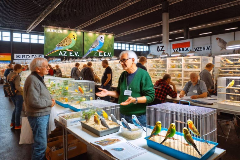 Vogelzüchter in deiner Nähe finden: So klappt die Suche wirklich 26 Vogelzüchter präsentiert bunte Wellensittiche in sauberen Käfigen auf einer Vogelbörse, umgeben von Besuchern und Bannern von Vogelverbänden.