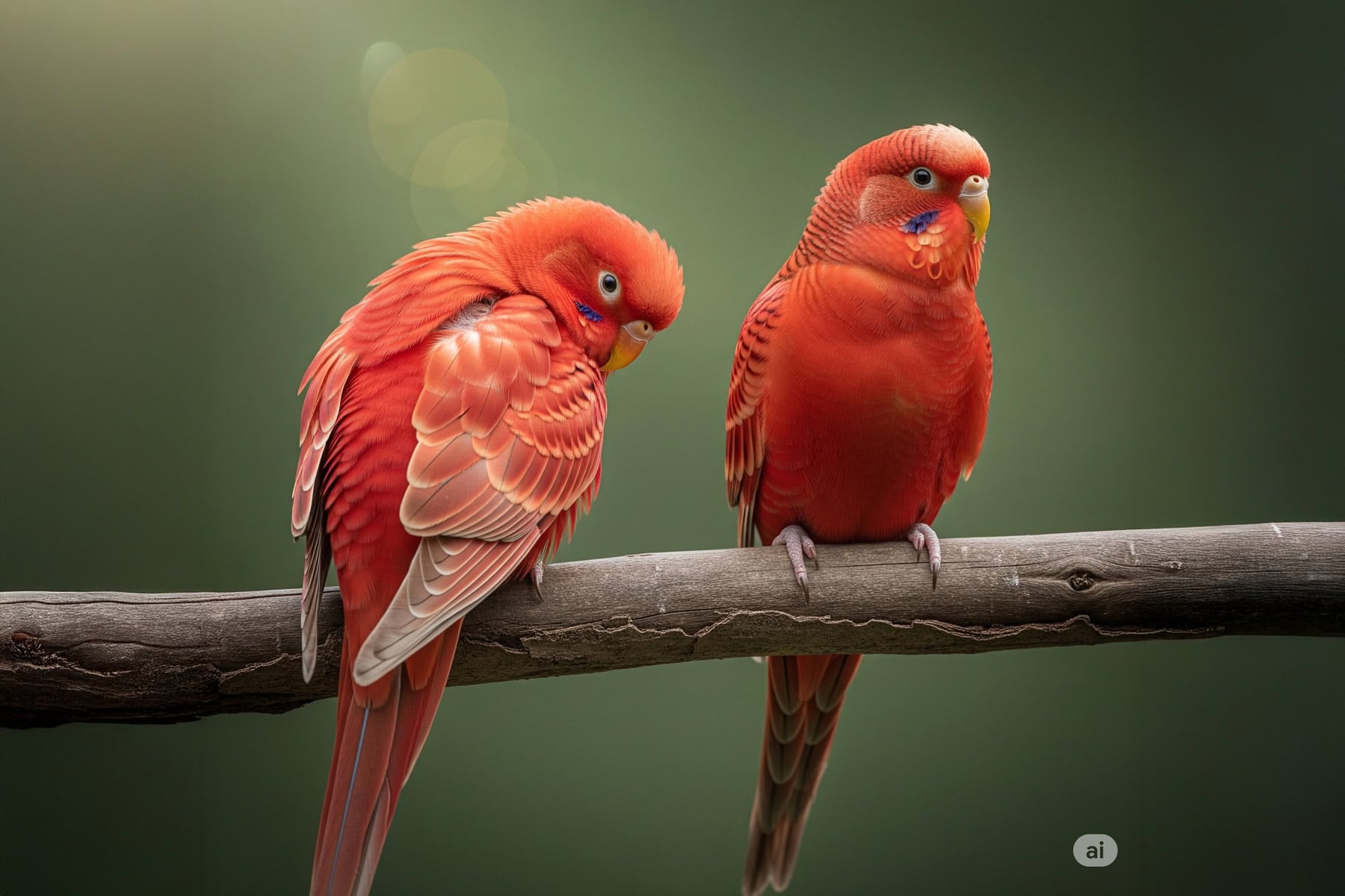 Rote Wellensittiche Fälschung: Zwei rot gefärbte Vögel auf einem Ast, die oft für Verwirrung sorgen