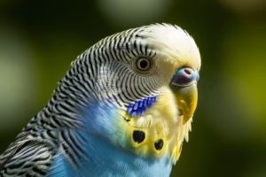 Ein neugieriger Wellensittich mit blauem und gelbem Gefieder blickt fragend nach vorne, mit einem dezenten Fragezeichen im Bild, das auf einer Wellensittich-FAQ-Seite zum Thema Wellensittiche hinweist.