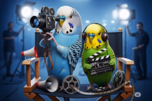 Wellensittiche im Film – Die schönsten Auftritte auf der Leinwand 22 Foto von zwei Wellensittichen, die auf einem Filmset stehen; einer hält eine kleine Filmkamera und der andere eine Klappe.
