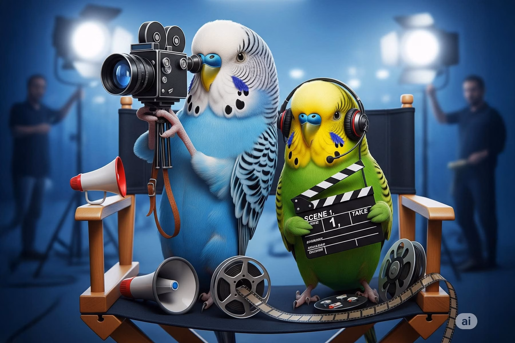 Foto von zwei Wellensittichen, die auf einem Filmset stehen; einer hält eine kleine Filmkamera und der andere eine Klappe.