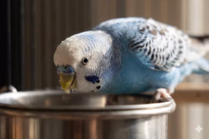 Trinknäpfe für Wellensittiche 20 Wellensittich trinkt aus einem Edelstahl-Trinknapf im Käfig.