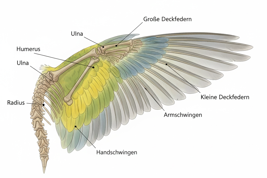 Skelett vom Wellensittich: Anatomie, Leichtbau & Flugfunktionen 19 Anatomie des Wellensittich-Flügels mit Handschwingen, Armschwingen und Deckfedern